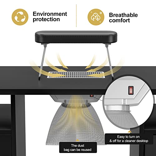 Paddie Manicure Table Nail Desk for Technician, Acetone Resistant Nail Tech Table Nail Table Station w/Dust Collector, Wrist Cushion, Non-Woven Drawers, Lockable Wheels & Cabinet (Black)