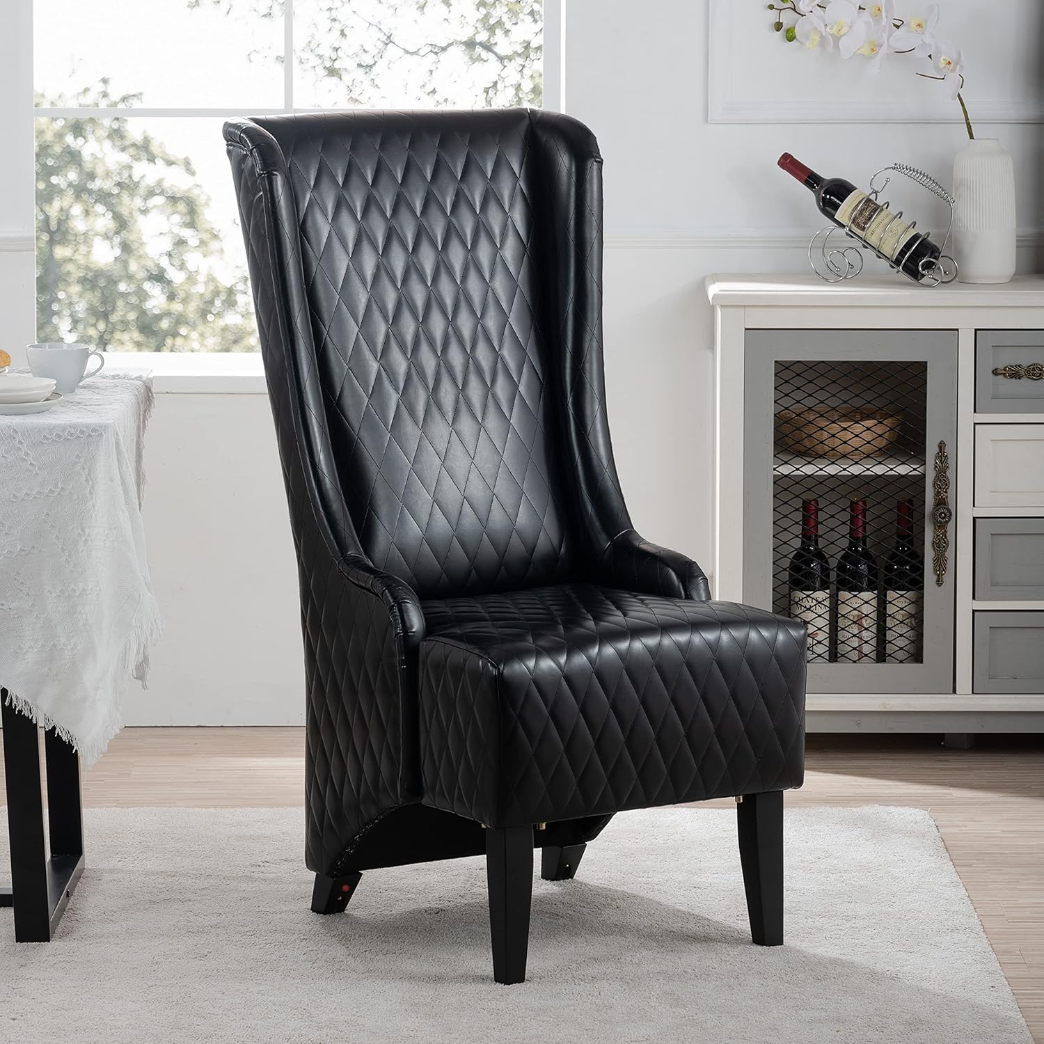 23.03" Wide Faux Leather High-Back Accent Chair, Comfy High Wingback Chair, Living Room Chair with Soft Padded & Wooden Legs, Modern Side Chair for Living Room, Bedroom, Black