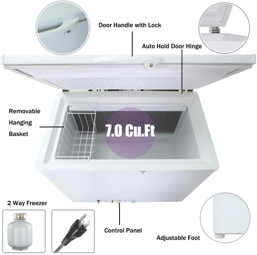 【Upgrade】 7.2 Cu.Ft. Propane Freezer Off Grid, LPG/110v 2 Way Chest Freezer with Lock, Rv Freezer for Outdoor, Boondcking, Camping, White