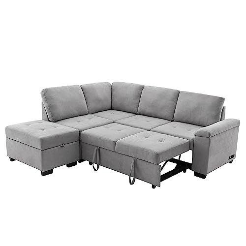 Folding Sleeper Living Room,Modular Sectional Pull, L-Shape Couch Corner Sofa-Bed Ottoman & Hidden Arm Storage & USB Charge,Dark Gray