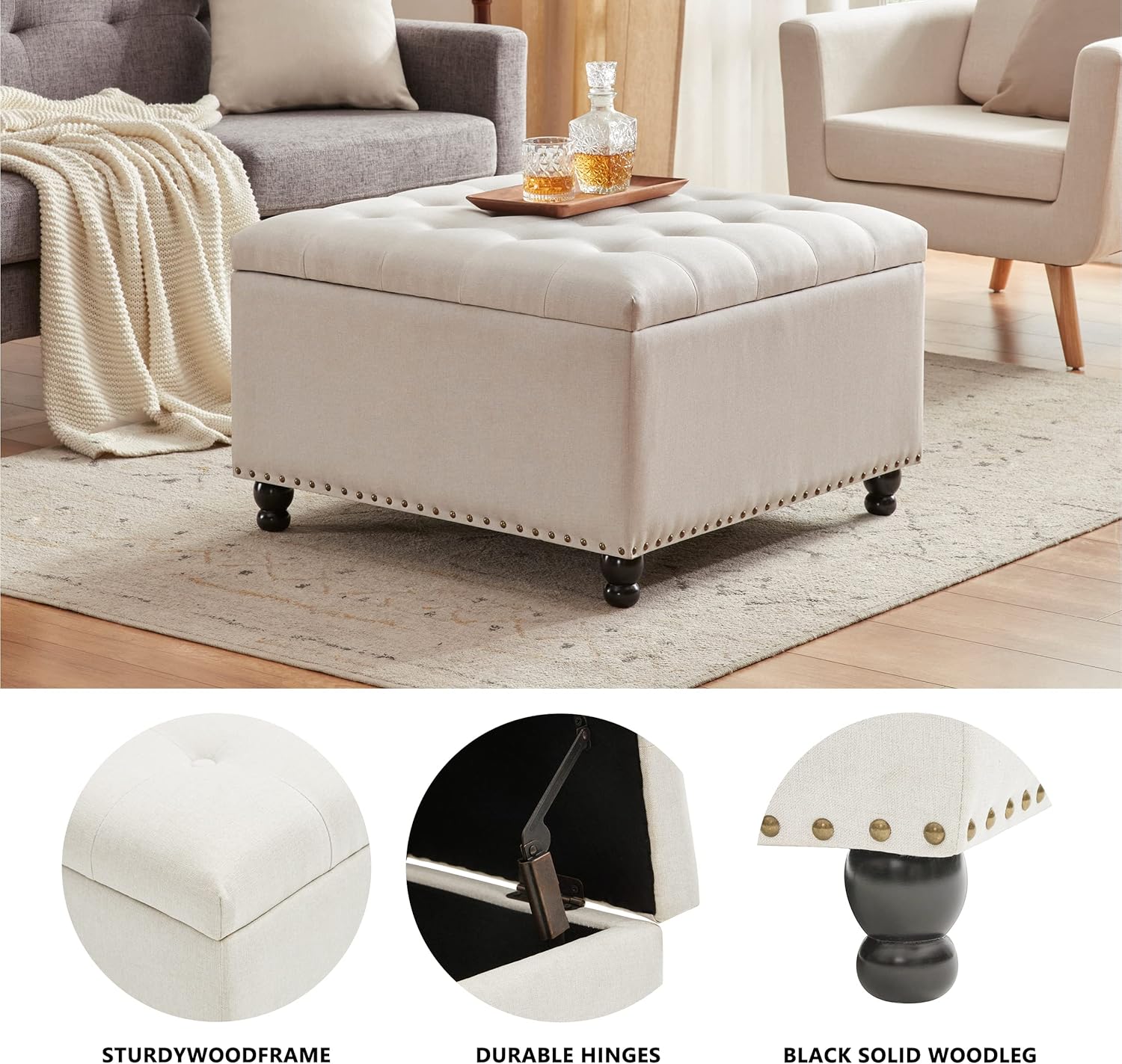 Large Square Tufted Upholstered Ottoman Bench and Coffee Table with Storage, Oversized Footrest for Living Room, Beige