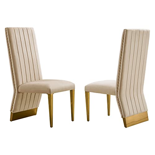 AZhome Dining chairs, Nailhead Trim Upholstered Dining Chairs, Green Velvet Channel Back Dining Chairs with Black-Titanium Mirror Stainless Steel Legs, Set of 2