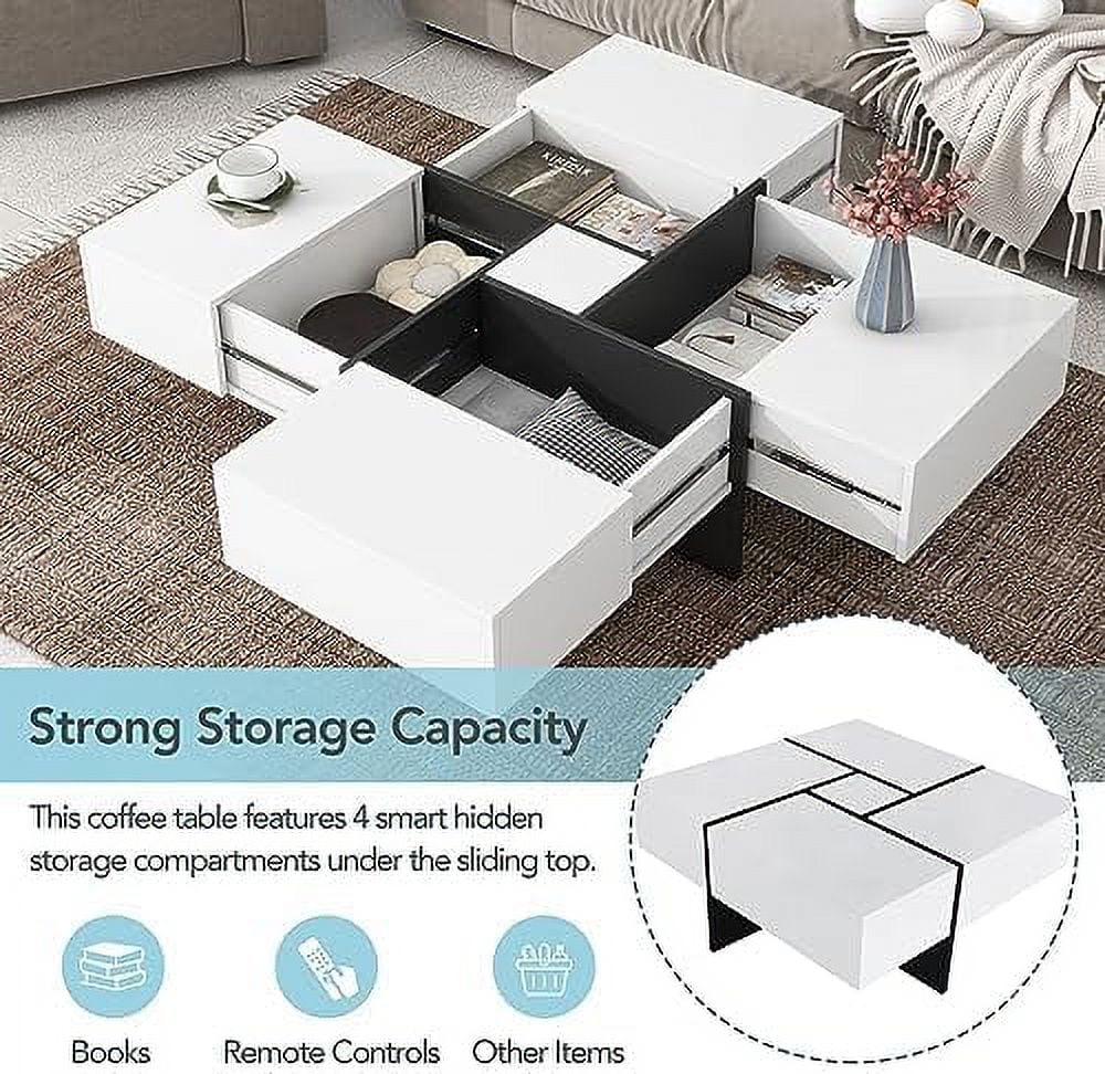 TJUNBOLIFE Coffee Table with 4 Hidden  Compartments  Square Cocktail Table with Extendable Sliding Tabletop  UV High-Gloss Design Center Table for Living Room（Brown）