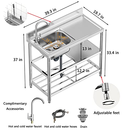 Stainless Steel Commercial Kitchen Sink, Free Standing, Single Bowl Sink Basin with Cold & Hot Water Faucet, Indoor and Outdoor Sink, 21.7 in