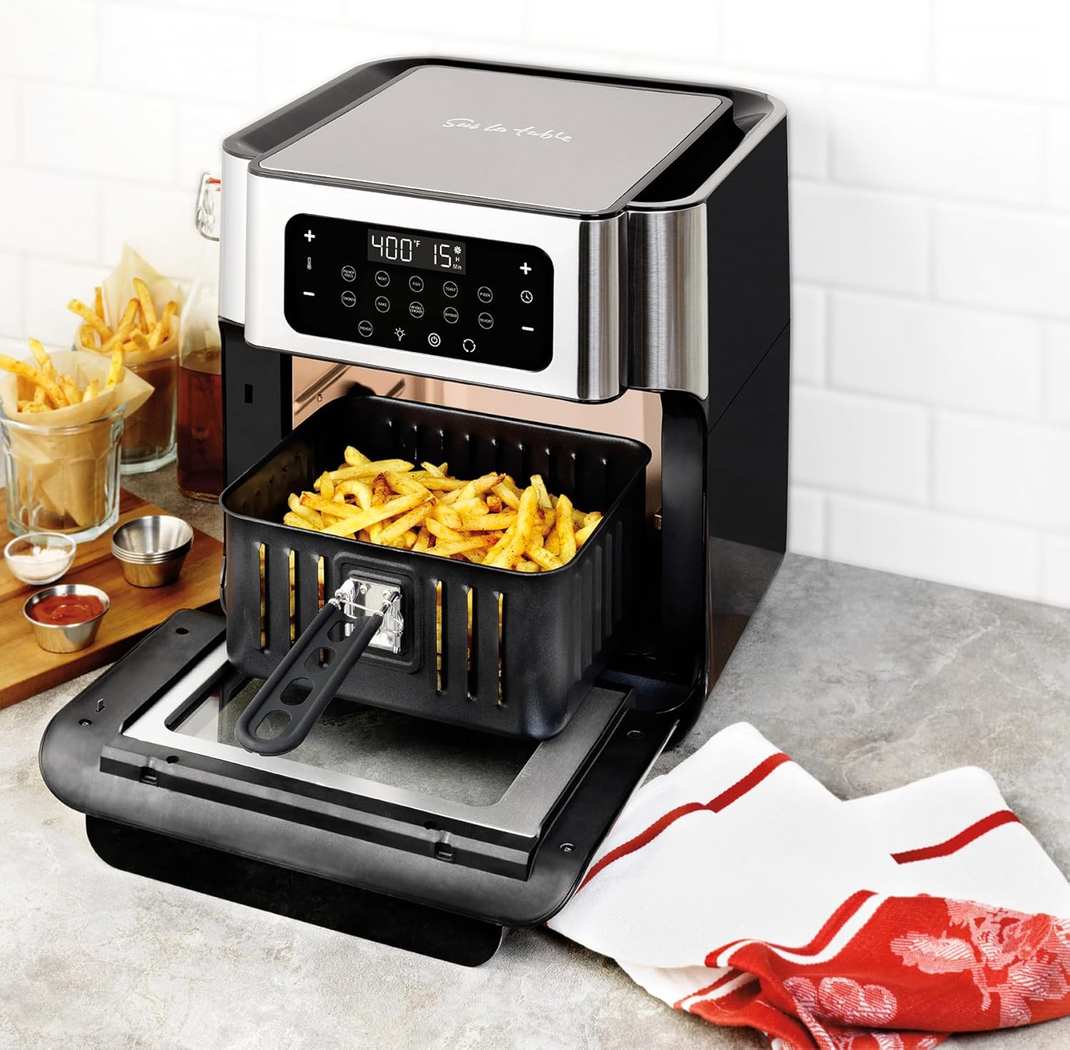 Sur La Table 13 Qt. 7-in-1 Air Fryer: Versatile Cooking with 360° AirFlow, 10 Preset Functions & 9-Piece Accessory Set Pepper Black