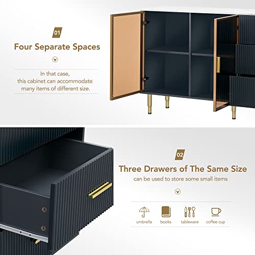 Sideboard Storage Cabinet, Modern 60'' Sideboard Large Storage Buffet Cabinet, Console Table Buffet Cabinet with Gold Metal Legs and Tempered Glass Doors for Living Room Kitchen Entryway (White)