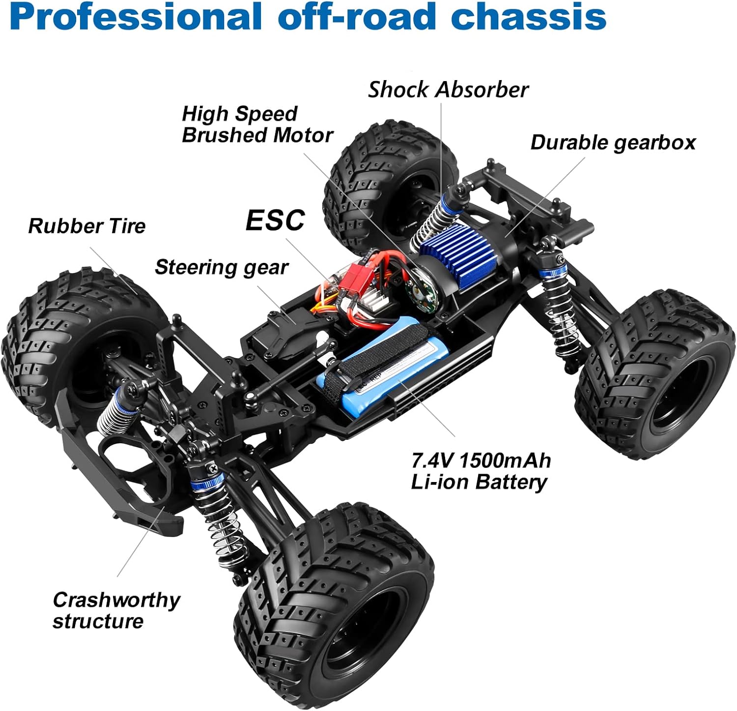 YONCHER YC300 RC Cars, 1:12 Large RC Cars for Adults, Remote Control Truck 45+Km/h High Speed All Terrains, 4WD Hobby 4X4 Waterproof Off Road RC Truck, RC Crawler with 2 Battery for Boys