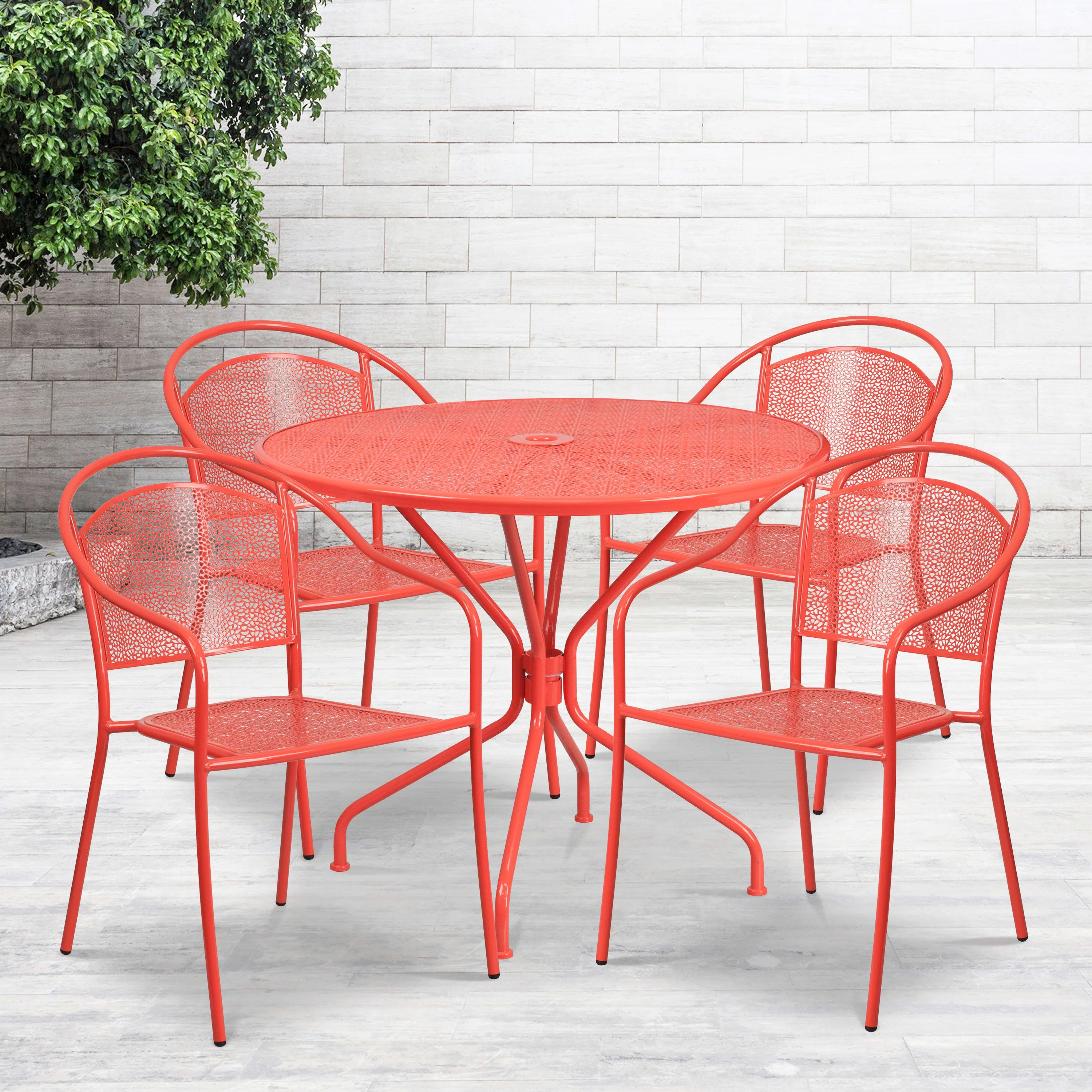 Emma + Oliver Commercial Grade 35.25" Round Coral Patio Table Set-4 Round Back Chairs