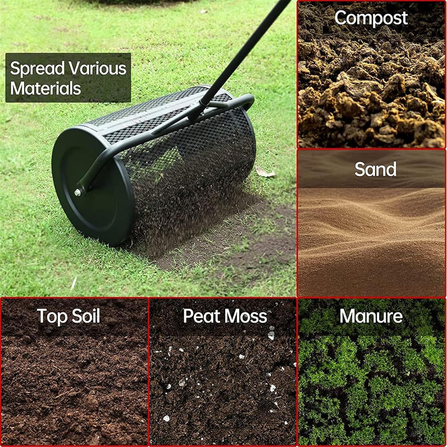 Peat Moss Spreader, Metal Mesh Manure Spreader with Adjustable T Shaped Handle, Fertilizer Spreaders, Top Soil Spreader for Lawn and Garden