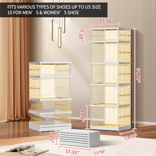 6-Tier Foldable Shoe Rack for Closet Entryway 6-12Pairs,Stackable Clear Shoe Storage Boxes Organizer with Door Plastic Small Shoe Cabinet Bins with Lids Narrow Shoe Shelf Easy Assembly