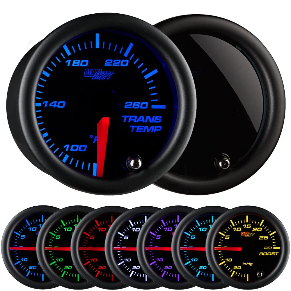 GlowShift Tinted 7 Color 260 F Transmission Temperature Gauge Kit - Includes Electronic Sensor - Black Dial - Smoked Lens - for Car & Truck - 2-1/16 52mm