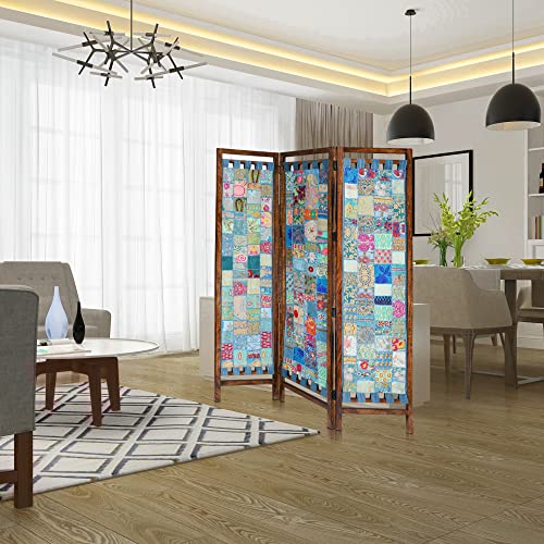 Room Divider Wood Screen - Ghanti Bells Antique Brown - 4 Panel Folding 72 x 80 - Assembled Hand Carved Decorative Functional Versatile Portable Partition Reversible Privacy Boho - COTTON CRAFT