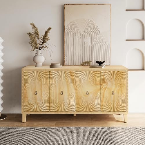 Wood Sideboard Buffet Cabinet Farmhouse Double Door Sideboard Buffet Cabinet 60 Inch Wood Kitchen Storage Cabinet for Living Room Kitchen Entryway Natural