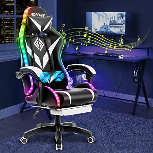 HOFFREE Gaming Chair Massage with Bluetooth Speakers and Led Lights Ergonomic Computer Gaming Chair with Footrest RGB Video Game Chair with High Back Lumbar Support Blue and Black