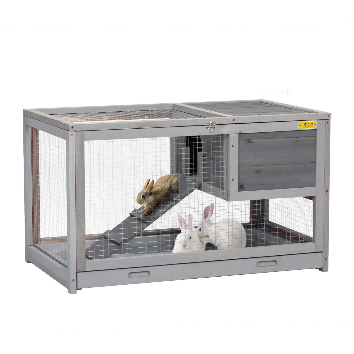 cozivvovv 2 Story Wooden Rabbit Hutch Indoor Outdoor Rabbit Cage with Pull Out Tray, Openable Roof, Side Door and Anti-Slip Ramp - Pet Supplies online store