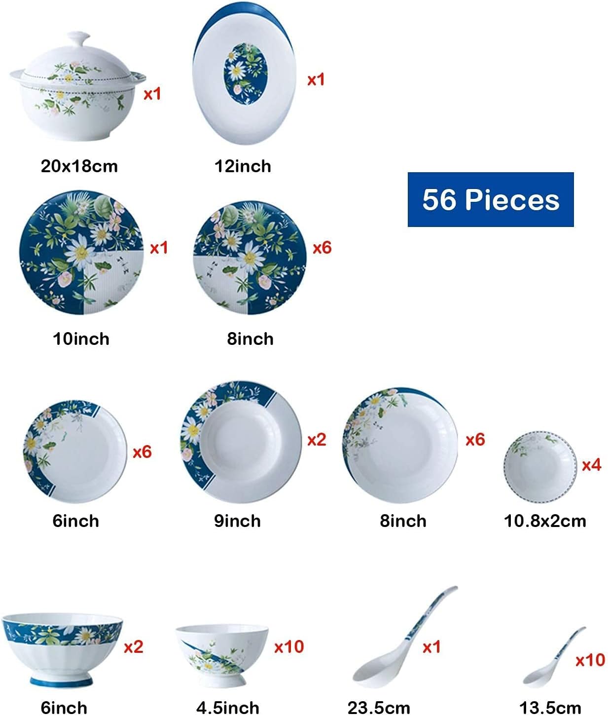 Dinnerware Sets - Luxury Gift Dishes Service Set, 56-Piece Luxury Dinnerware Service for 10 Set Ceramic Bone China Tableware Set Bowl and Plate Mugs Spoon Household Gift