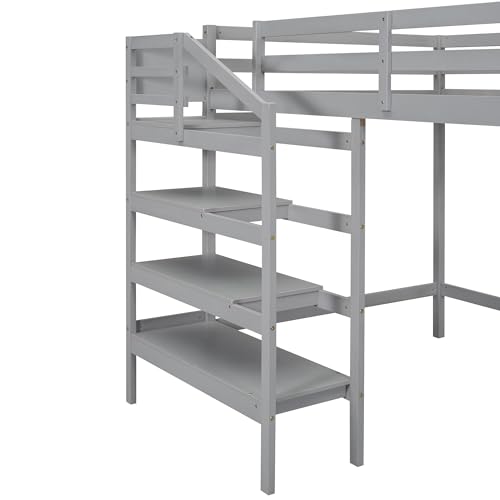 Harper & Bright Designs Full Loft Bed with Staircase and Storage Wardrobe, Wooden Full Size Loft Bed Frame with Storage Shelf, High Full Loft Beds for Kids Boys Girls Teens Dorm Bedroom (Full, Gray)