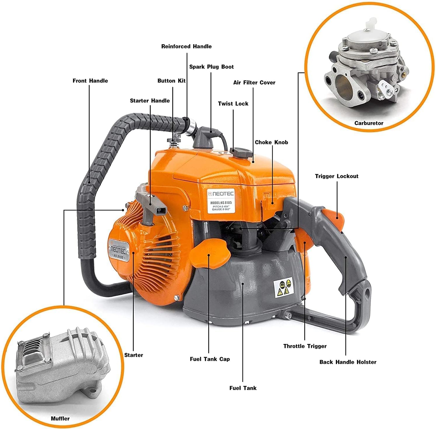 NEO-TEC NS8105 36 inch Gas Chainsaw with Guide Bar Chain,2-Cycle Power Head 105cc Power Chain Saw 4.8KW 6.5HP Gasoline Chainsaws,All Parts Compatible with G070 070 090