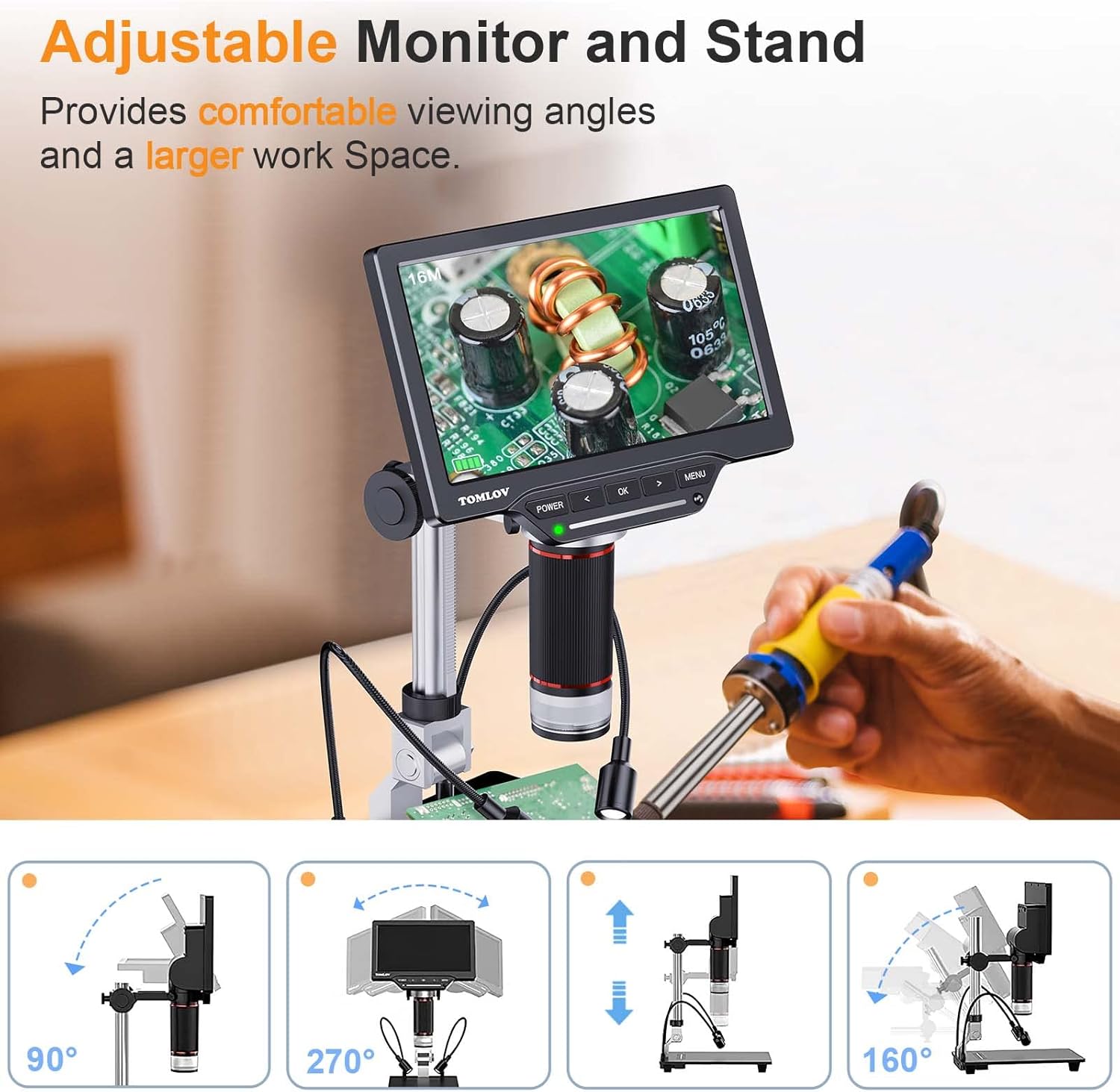 TOMLOV DM10 8.5'' Digital Microscope 50X-1300X Soldering Microscope, UHD Video Microscope with 12MP Ultra-Precise Camera Sensor for Adults, SD Card Include