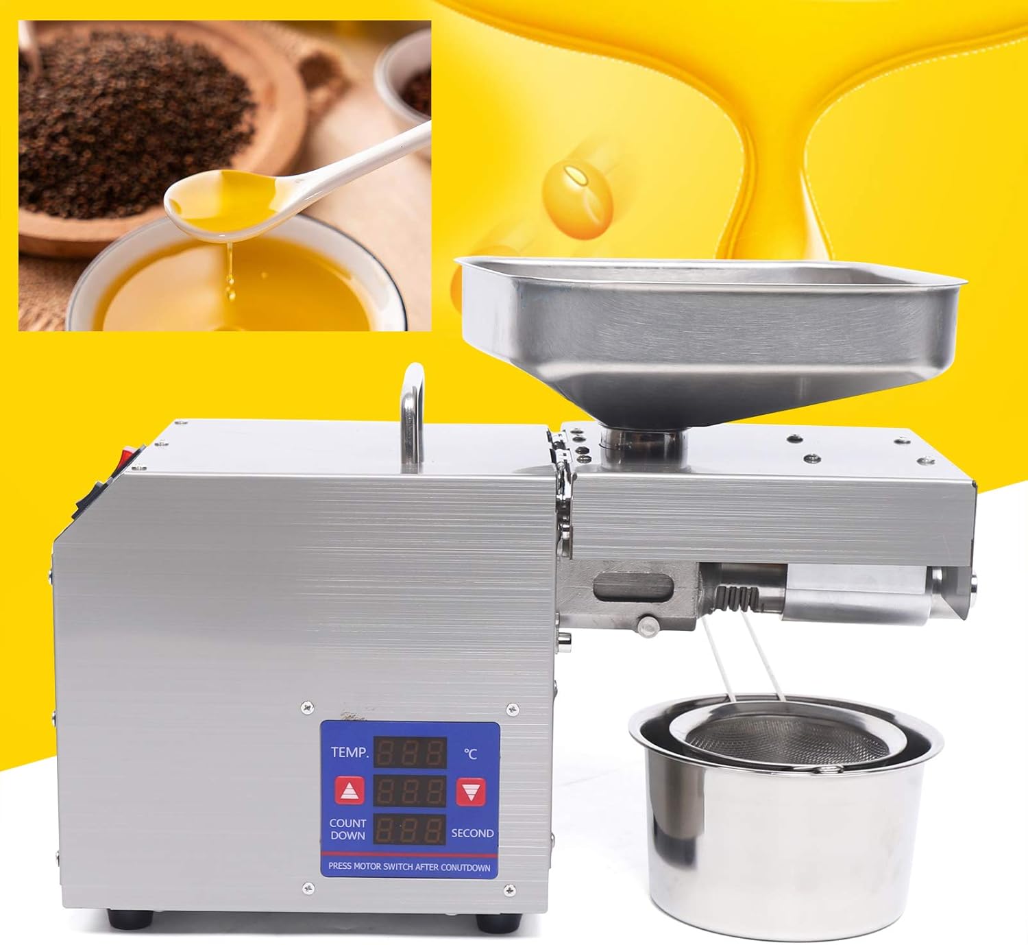 Oil Press Machine, 600W Oil Extractor, Stainless Steel Kitchen Oil Expeller Press Mill, Cold & Hot Pressing Oil Presser Maker for Commercial & Home Use
