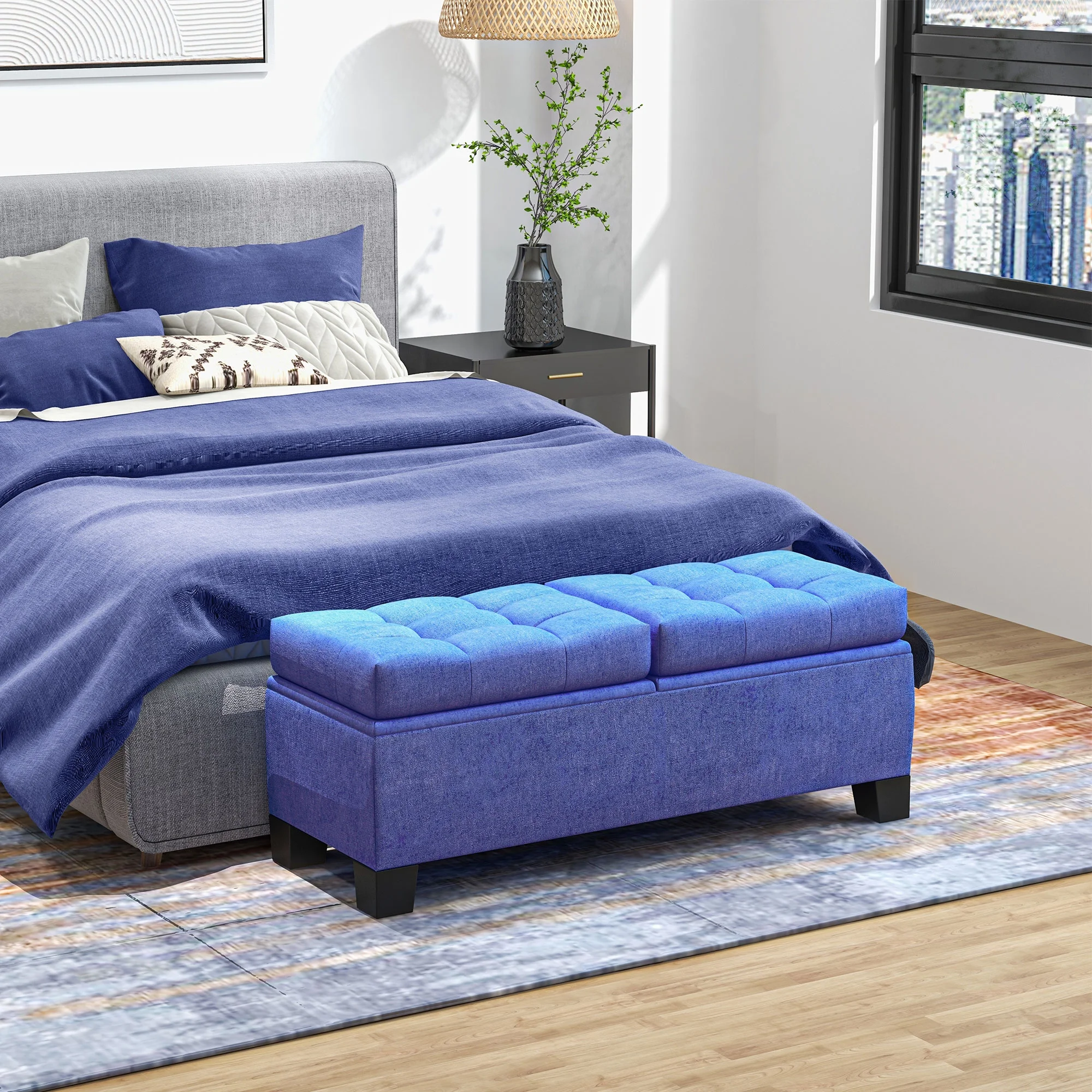 HOMCOM Storage End of Bed Bench, Upholstered Bench with Steel Frame, Blue