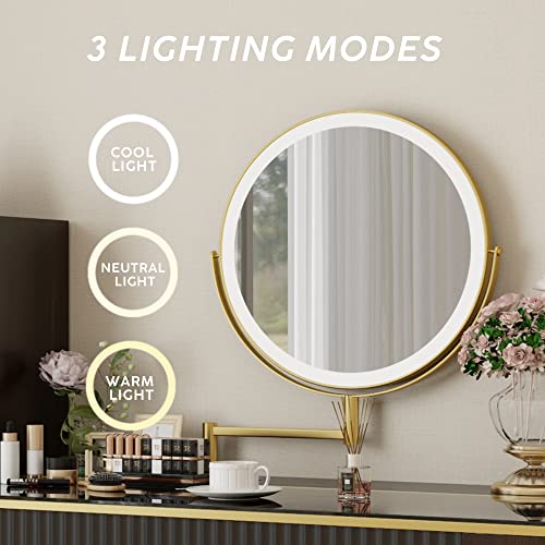POVISON Makeup Vanity Desk with Mirror & LED Light, Easy Assembly, Mid Century Modern Dresser Desk, Dressing Table with Stool & Charging Station, 5 Drawers, Tempered Glass Top (Wood, 47")