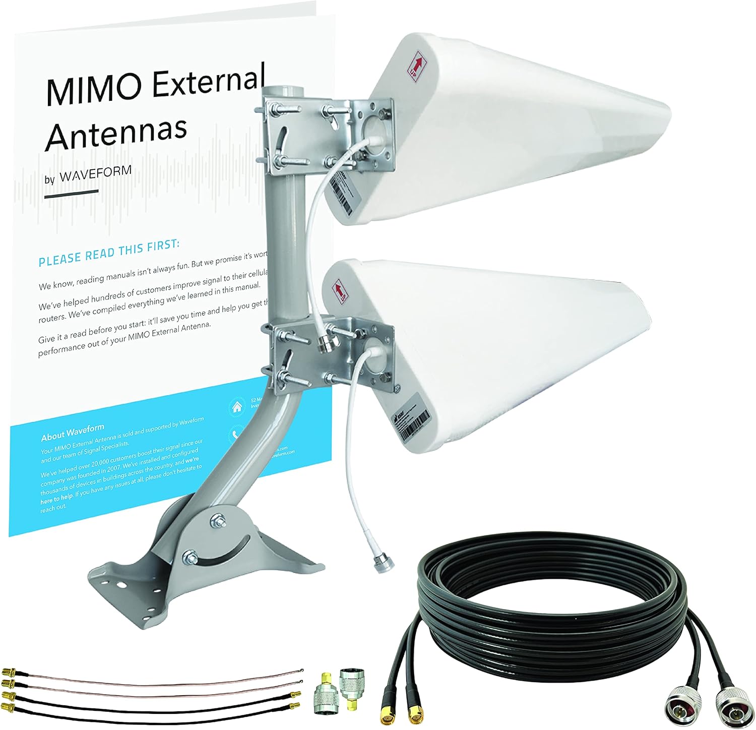 MIMO 4G/5G Log Periodic Antenna Kit by Waveform | +11 dBi gain 2x2 600-6000 MHz | for LTE/NR Hotspots, Modems, Cell Boosters (Twin Cable)