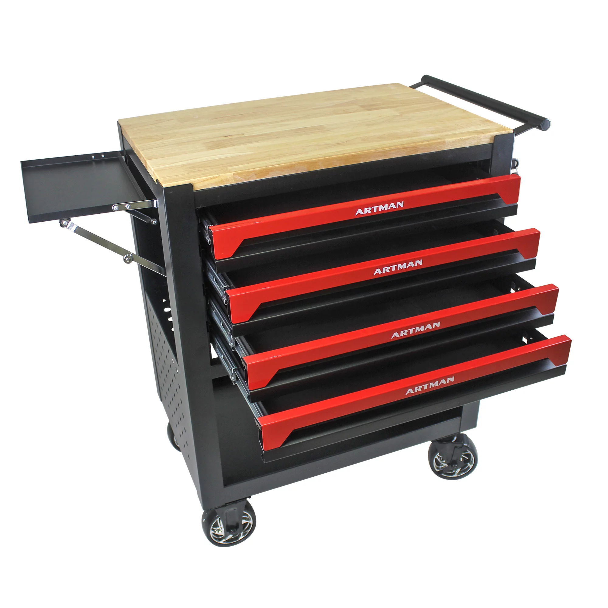 Seizeen 4-Tier Rolling Tool Cart, Multi-Purpose Mechanic Tool Chest On Wheels with Cabinet, Extended Tray & Handle, Heavy Duty Work Bench with Wooden Top and Tool Storage Organizer
