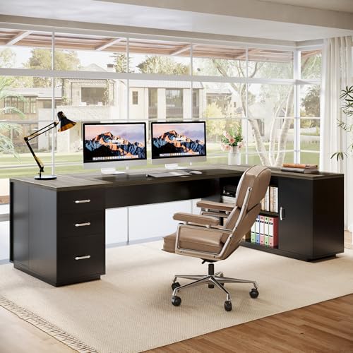 Tribesigns 85.8-Inch L-Shaped Executive Desk with File Drawers, Door Cabinet & Shelves, Extra Large Commercial Office Desk, Modern Professional Office Table, White & Brown Business Furniture