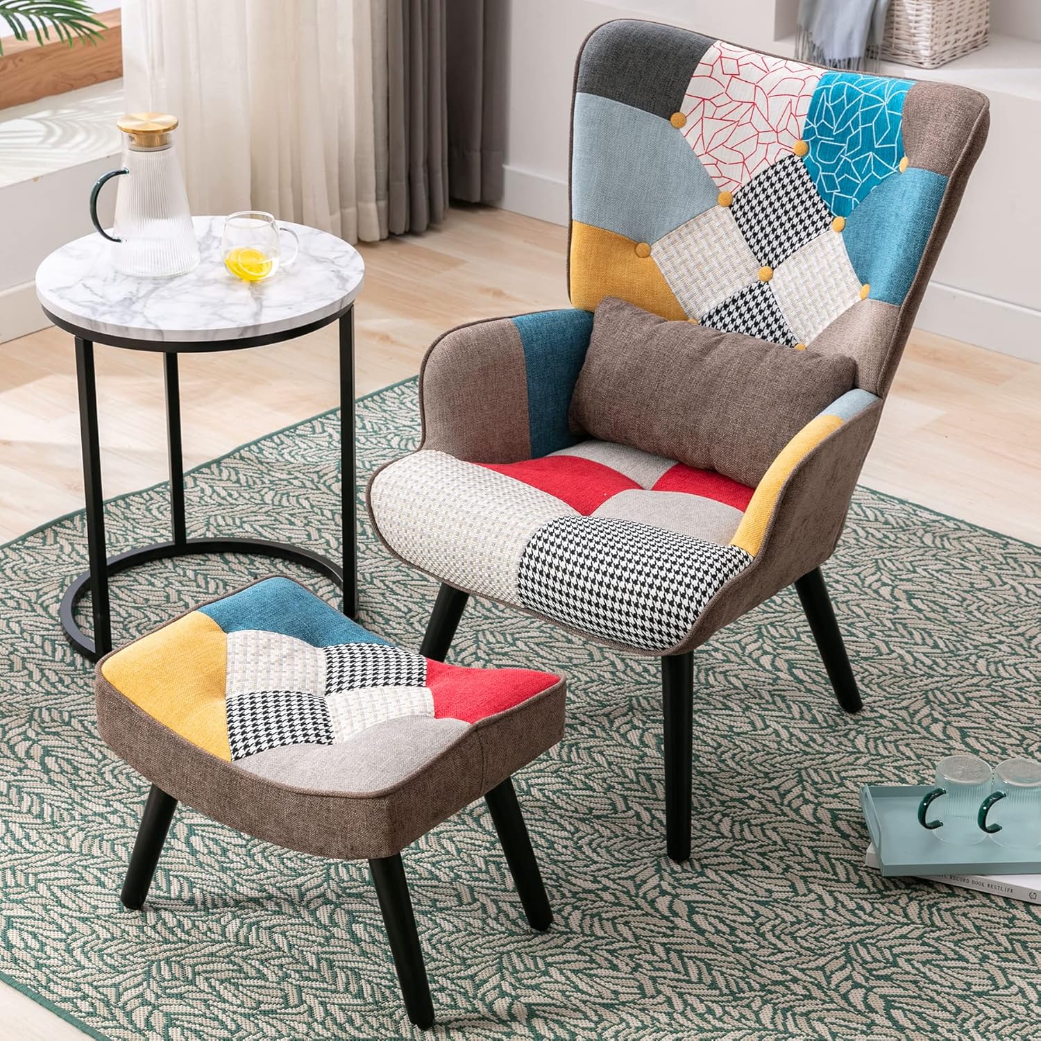 HomeMiYN Patchwork Accent Chair with Ottoman, Modern Colorful Reading Armchairs with Footrest, Splicing Wingback Chair with Wooden Legs for Living Room, Bedroom