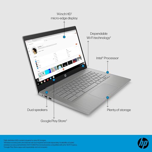 HP Chromebook 14 Laptop (14" HD, Intel 4-Core Celeron N4120, 4GB RAM, 64GB SSD, UHD Graphics 600) for Home & Student, Light Weight & 14-Hr Battery Life, Webcam, Wi-Fi, IST HUB, Chrome OS, Grey