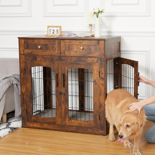 Dog Crate Furniture with Cushion,Wooden Dog Kennels Indoor with 2 Drawers,Dog Furniture Crate End Table with Storage