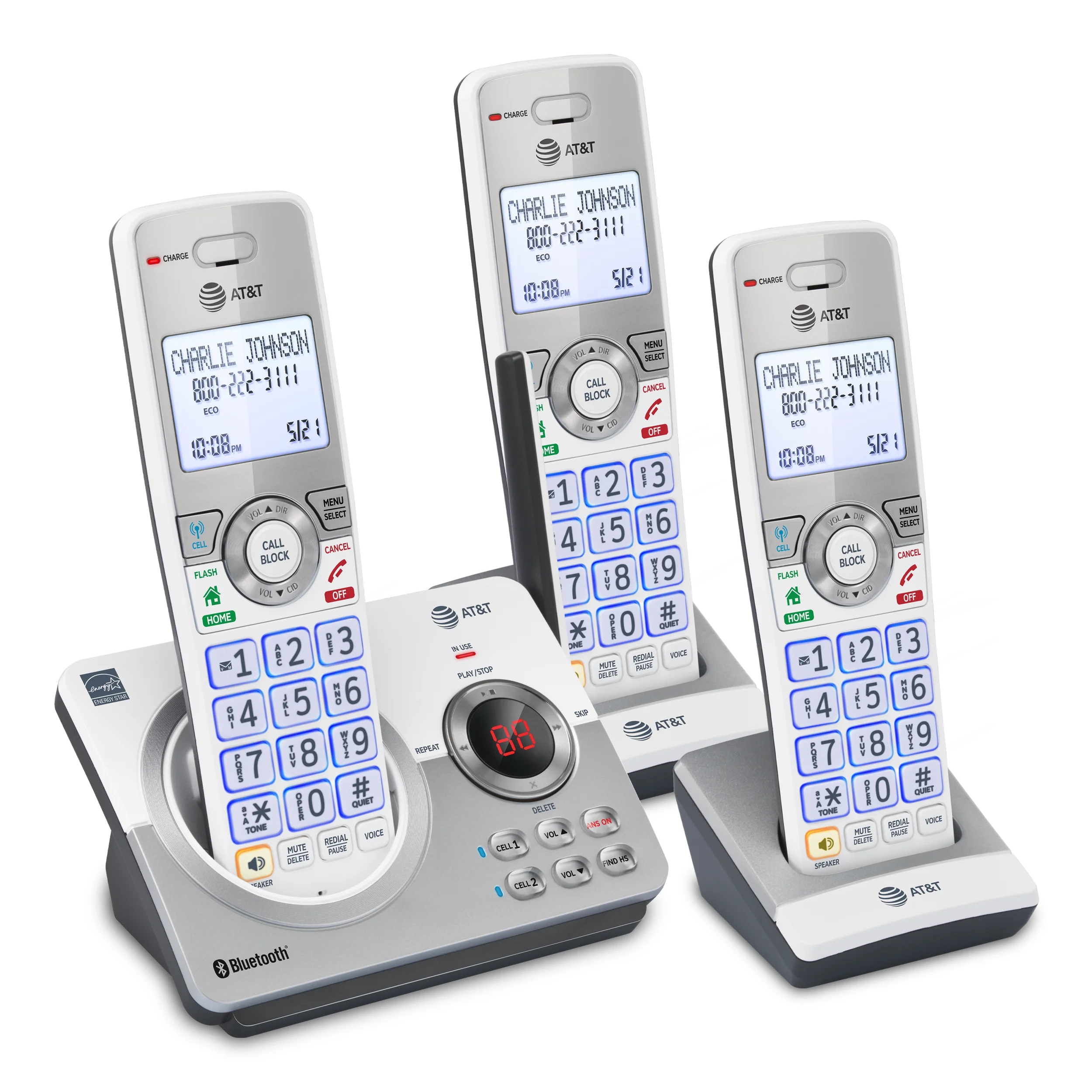 AT&T DL72310 3 Handset Expandable Cordless Phone with Unsurpassed Range, Bluetooth Connect to Cell, Smart Call Blocker and Answering System.  (White/Silver)