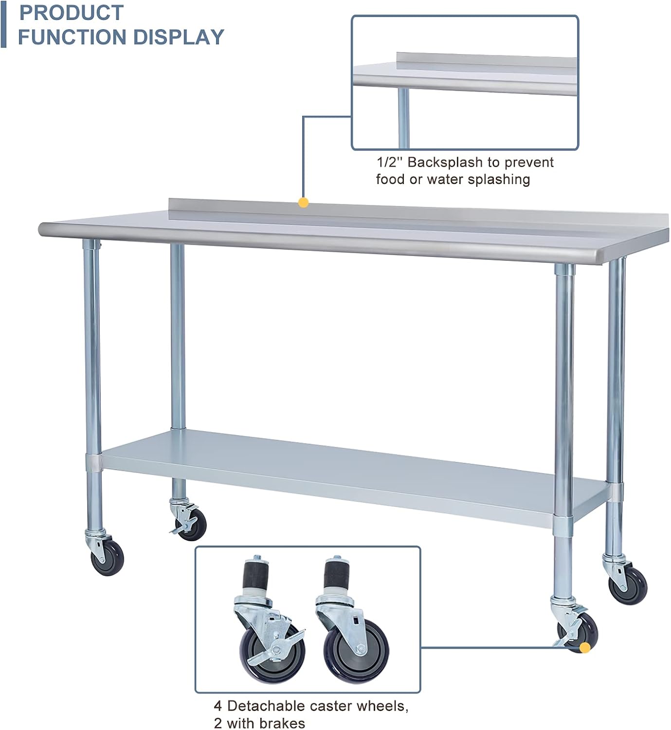 EASE-WAY Stainless Steel Metal Table NSF for Commercial Kitchen Prep & Work, 24 x 60 Inches Worktable with Backsplash, Adjustable Shelf and Caster Wheel, for Industrial Restaurant, Home and Garage