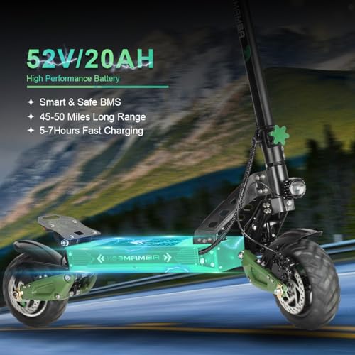 ZU06 1200W Adults Electric Scooter Up to 35 MPH, 52V Battery 50 Miles Long Range, Dual Suspension and Hydraulic Disc Brakes, 10" Off Road Fat Tires Fast E Scooter for Adults with Seat