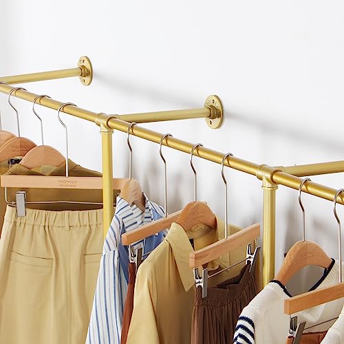 Wall Mounted Gold pipe clothing rack with 3 T-Bar Design and Nano Gold Finish with 2 Wooden Shelves Heavy Duty Wall Mounted Gold Iron Garment Bar for Retail Display and Closet Storage