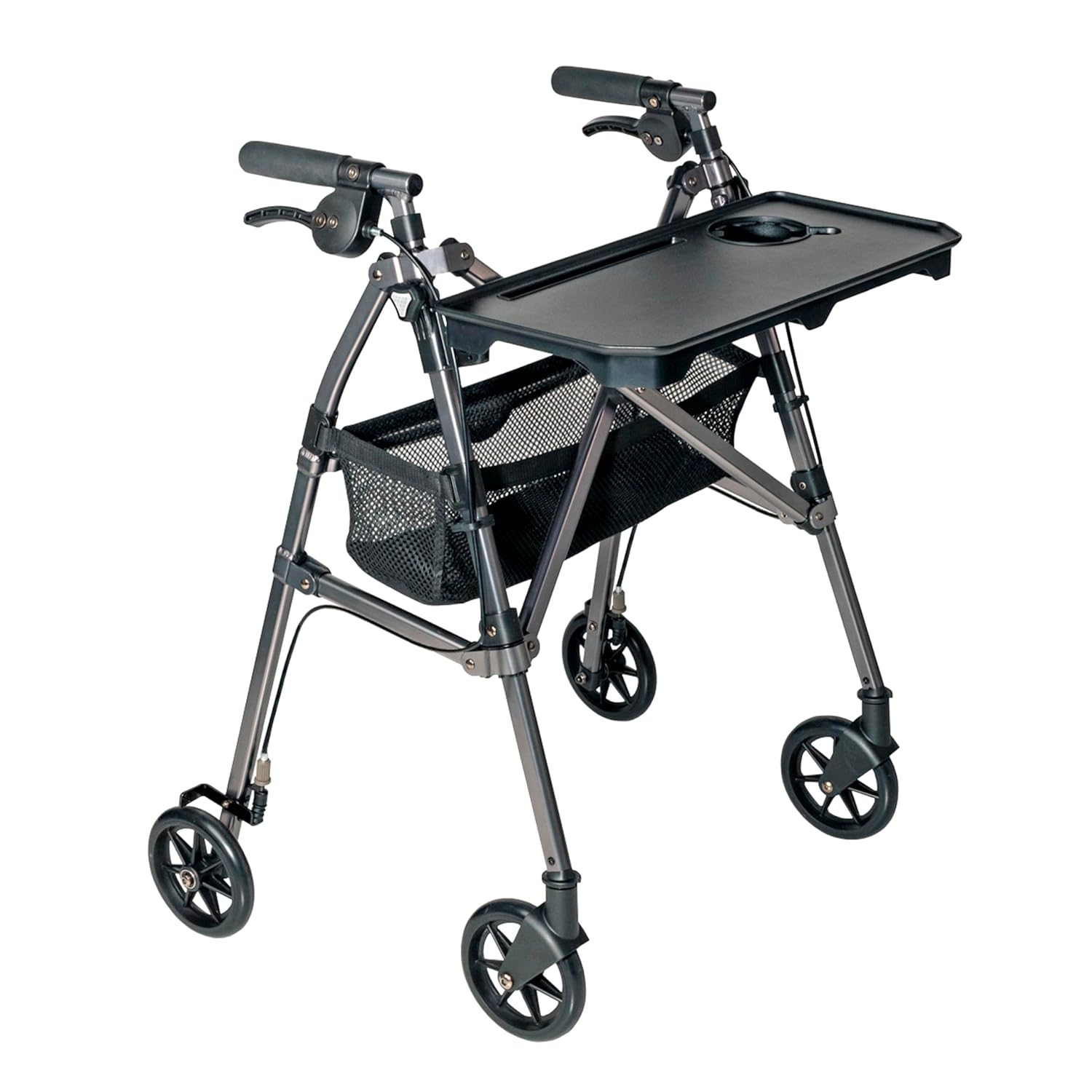 Stander Wonder Indoor Rollator with Tray and Basket, Lightweight Folding Mobility Rolling Walker for Seniors and Adults, Narrow Walker with 6-inch Wheels, Locking Brakes, Black Walnut
