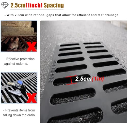 Drain Grate Rainwater Well Cover Cover Plate Grid For Driveway, Outdoor Rectangle Cast Iron Drain Cover Industrial Drain Strainers Grate, 6/8/10/12/14/16/18 Inch Width Stormwater Drain Grates