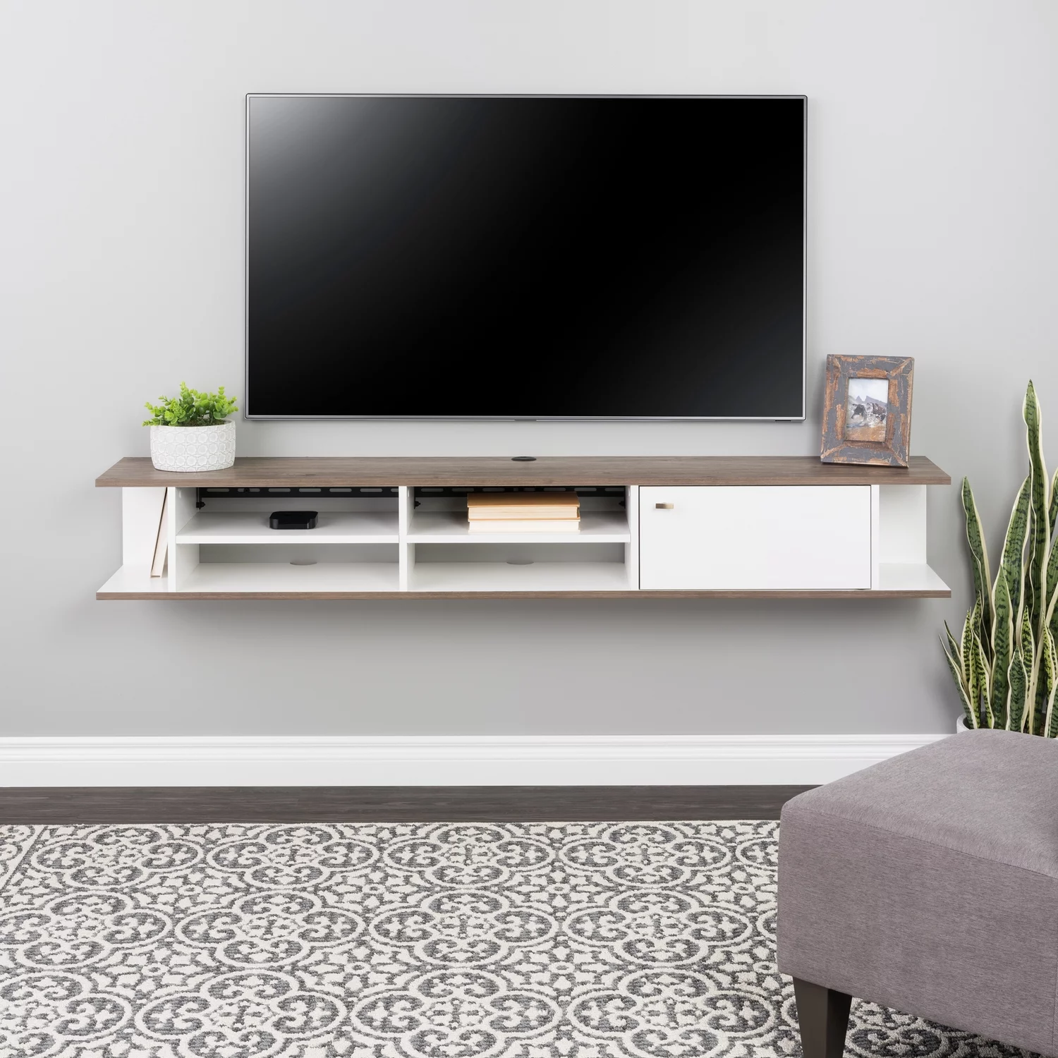 Prepac Wall Mounted Media Console with Door, White and Drifted Gray