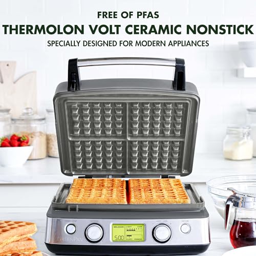 GreenPan Elite 4-Square Belgian & Classic Waffle Iron, Healthy Ceramic Nonstick Aluminum Dishwasher Safe Plates, Adjustable Shade/Crunch Controls, Wont Overflow, Easy Cleanup Breakfast, Cream White