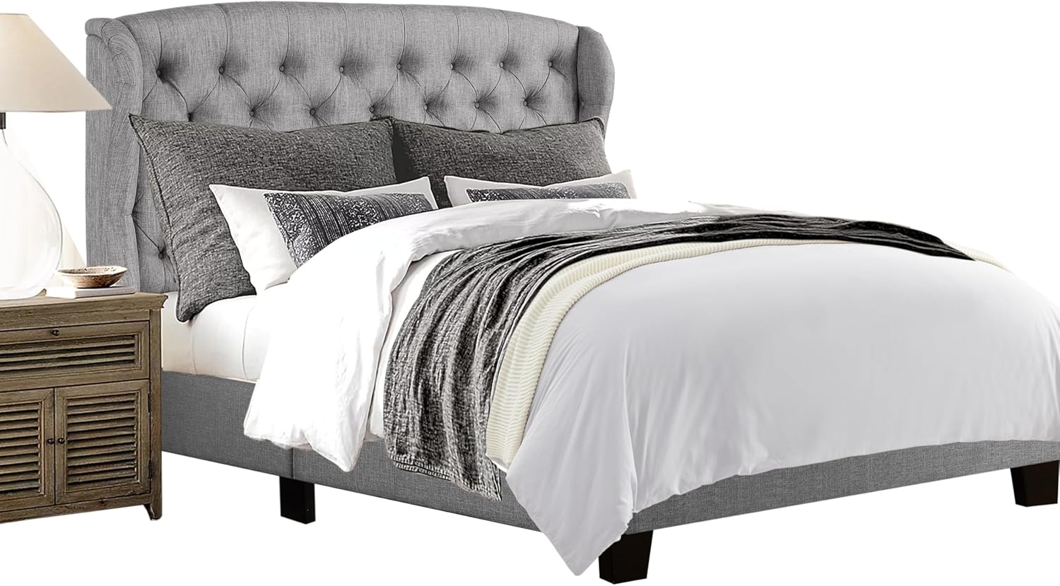 Rosevera Torrey Wingback Bed/Tufted Headboard Adjustable Height Bed Frame/Fabric Upholstered Bed Frame/Wood Slat Support/Easy Assembly,Queen,Linen Gray