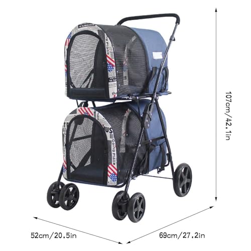 Folding Double Decker Pet Stroller, 4 Wheel Dog Stroller for Large Or 2 Dogs, Dog Stroller with Small Pocket, Pet Can Easily Walk in/Out Up to 22 Lbs,A