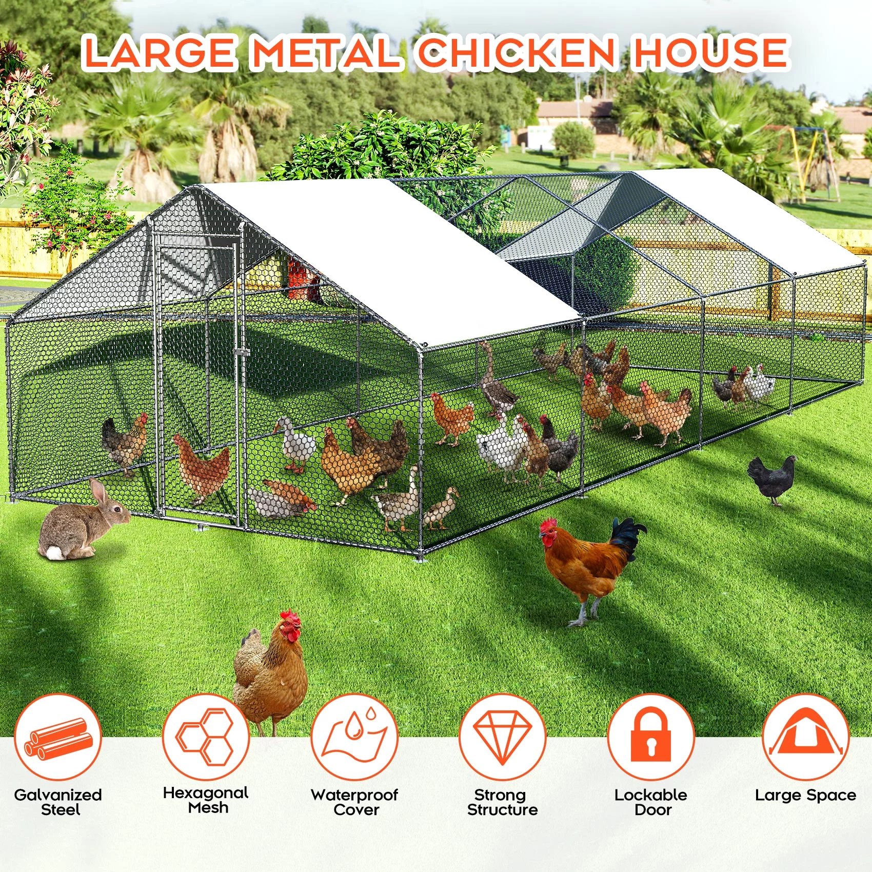 TCFUNDY 27x10ft Large Chicken Coop, Backyard Chicken Pen Run House with Wateroof & Sun-Proof Cover, Outdoor Walk-in Chicken Runs for Yard, Poultry Cage