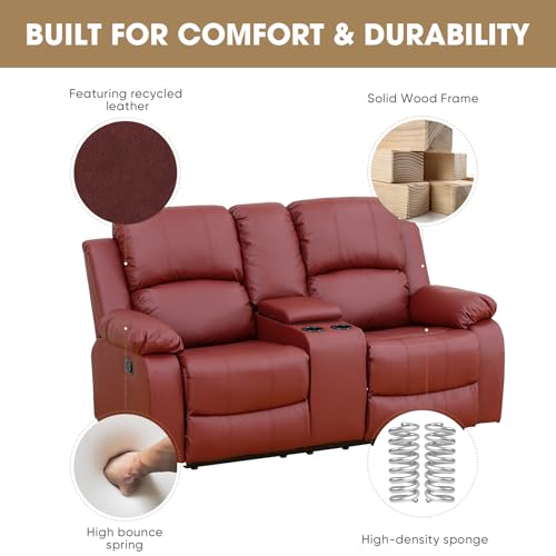 Recliner Loveseat, Leather Couch Living Room 2-Seat Sofa Chair with Storage Box and Cup Holders for Apartment, Home, Office (Red)