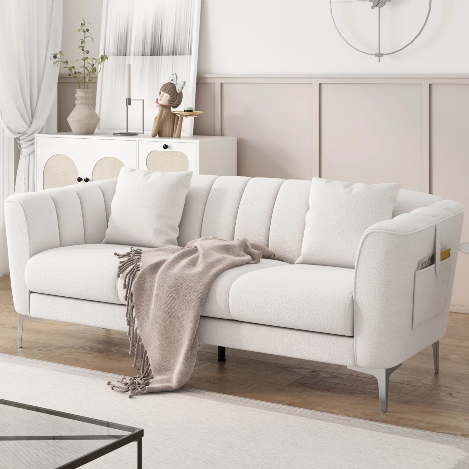 Homfa White Sofa and Couch, 77.2" Modern Chenille Couch with Armrests, Wood Sofa with Pocket and Stainless Steel Legs
