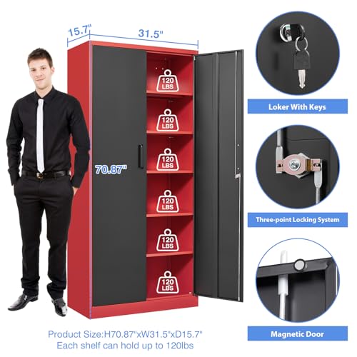 Yizosh Metal Garage Storage Cabinet with 2 Doors and 5 Adjustable Shelves - 71" Steel Lockable File Cabinet,Locking Tool Cabinets for Office,Home,Garage,Gym,School (Gray White)