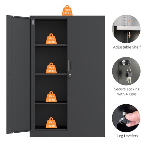 Metal Storage Cabinet with Locking Doors and 2 Adjustable Shelves, Small Lockable Steel Storage Cabinets for Home Office Garage Kitchen Pantry (Black)