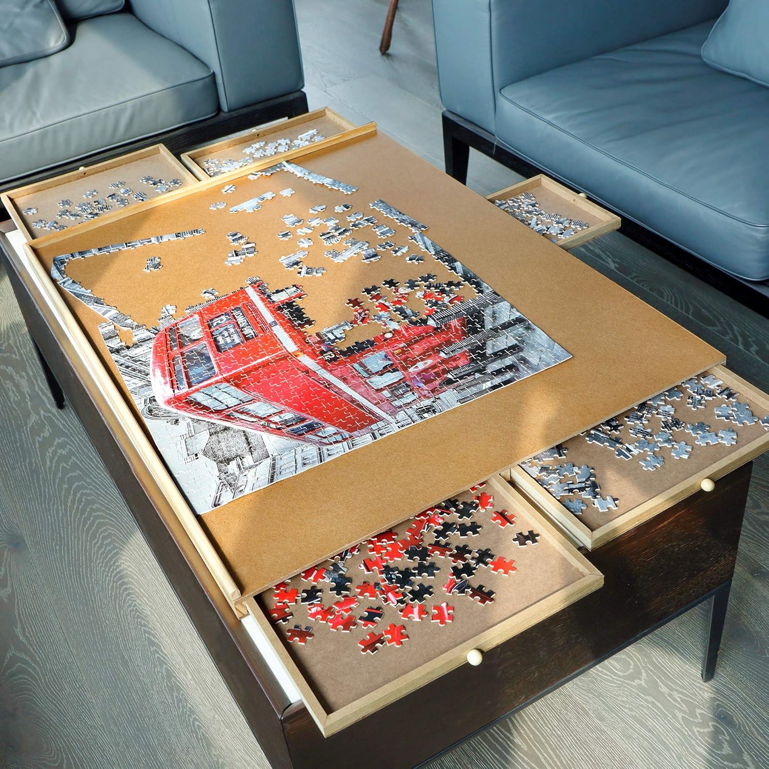 ATDAWN 1500 Pieces Upgraded Wooden Jigsaw Puzzle Table, Jigsaw Puzzle Board, Puzzle Plateau-Smooth Fiberboard Work Surface, with Five Drawers, Puzzle Accessories for 1500 Pcs