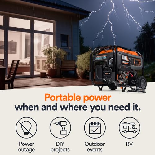 Generac 8,000-Watt Gas-Powered Portable Generator - Electric Start with COsense - PowerRush Advanced Technology - Reliable Power for Emergencies, Recreation, Home - 49 State Compliant - Orange/Black