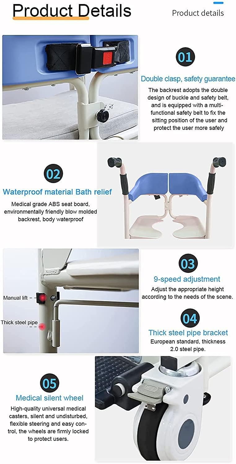 KOHARA Patient Moving Chair Handicapped Elderly Bath Chair Easy Transfer to Toilet and Bathroom, with Removable Cushion and Commode, Multi-Function Patient Wheelchair,Brown